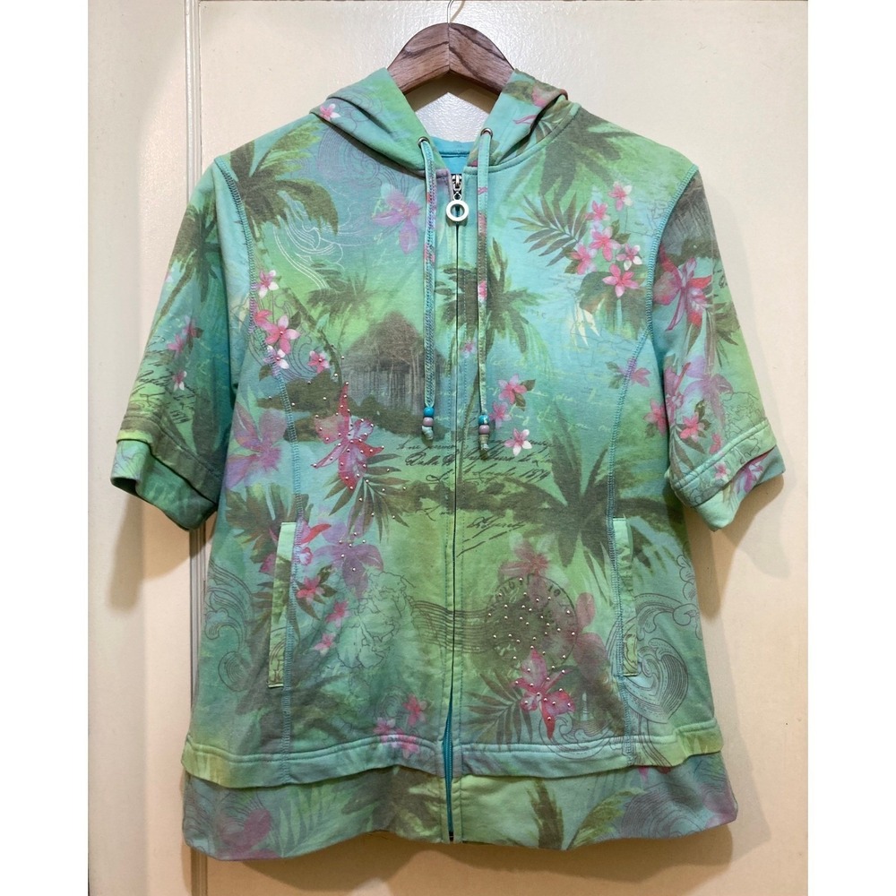 Green Tea Hoodie Women XL Full Zip Tropical Floral Rhinestone Beachy Coastal Y2K